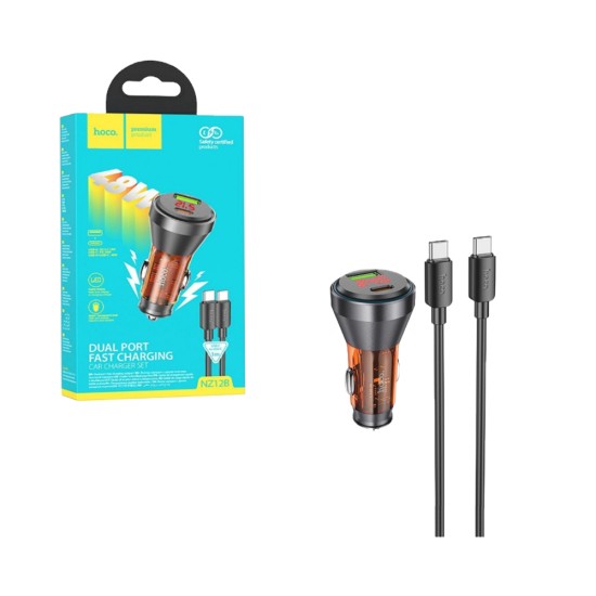 Hoco Car Charger NZ12B Unimpeded 2 Port USB+Type-C 48W with Type-C to Type-C 1M Transparent Orange